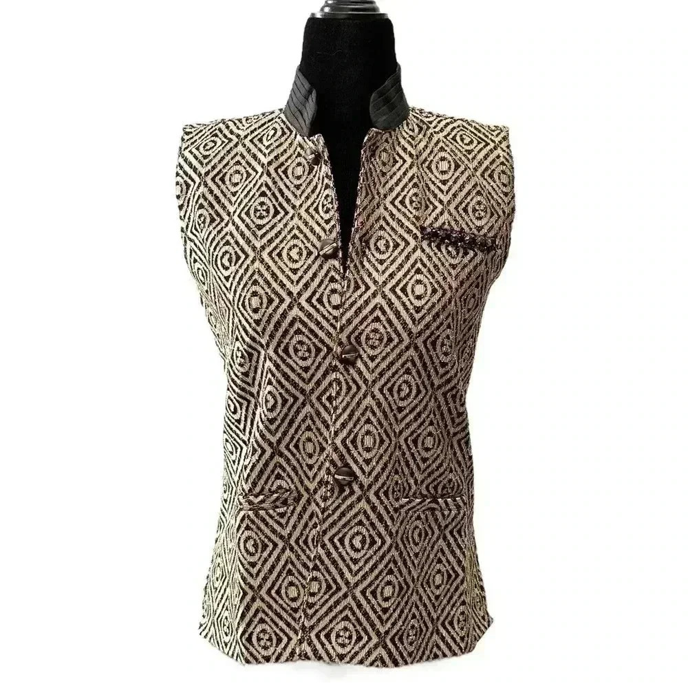 Beaded Embellished Sleeveless Button Front Vest Black Gold XS/Small